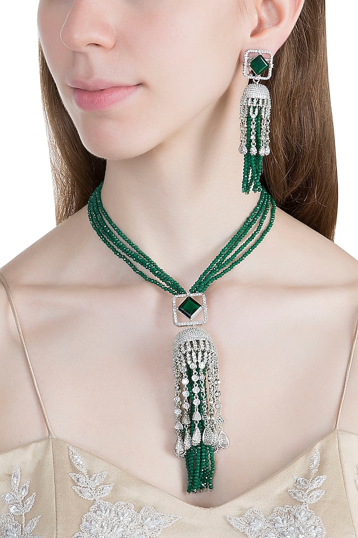 White Finish Faux Diamond & Green Beaded Mala Necklace Set by Aster