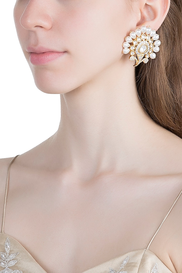 Gold Finish Faux Kundan, Pearl & Diamond Earrings by Aster