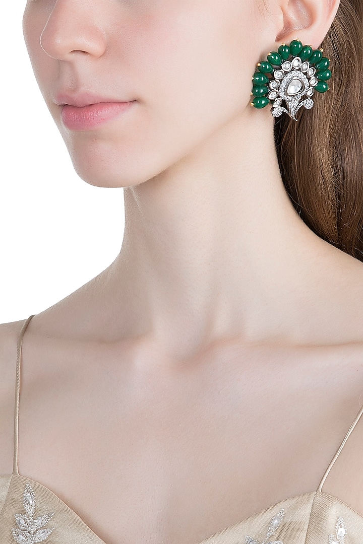 White Finish Green Bead & Faux Kundan Earrings by Aster