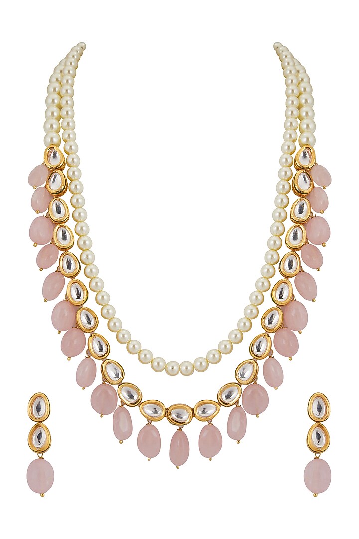 Gold Finish Pink Stone Mala Necklace Set by Aster at Pernia's Pop Up Shop