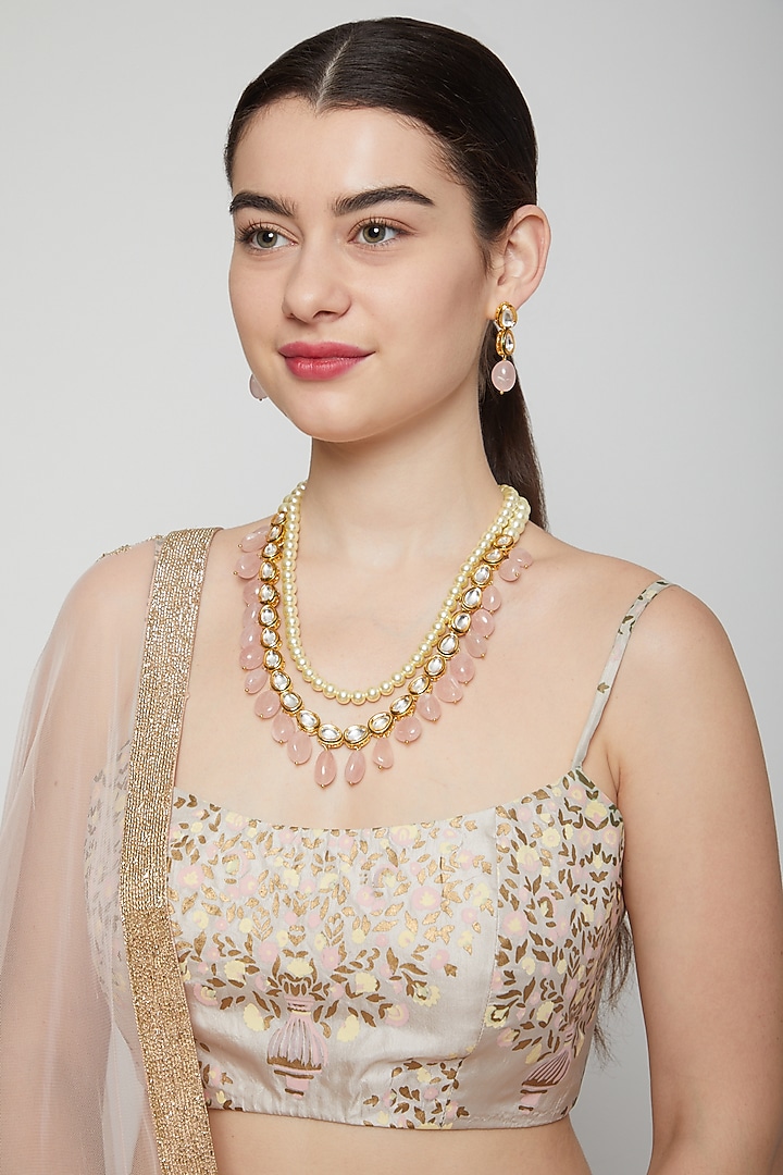 Gold Finish Pink Stone Mala Necklace Set by Aster at Pernia's Pop Up Shop