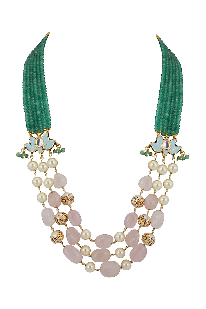 Gold Finish Green Beaded Mala Necklace by Aster at Pernia's Pop Up Shop
