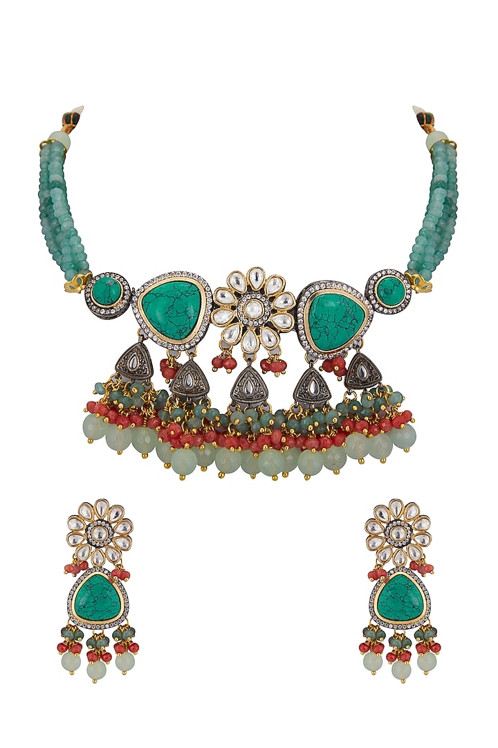 Gold Finish Turquoise Stone Necklace Set by Aster at Pernia's Pop Up Shop