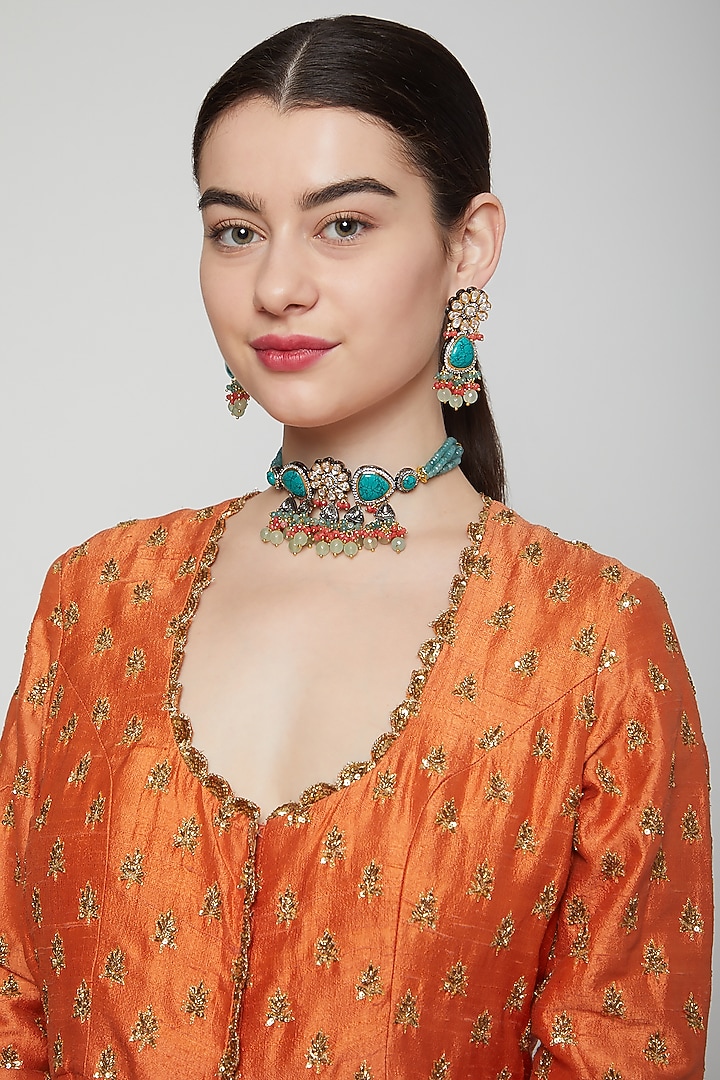 Gold Finish Turquoise Stone Necklace Set by Aster at Pernia's Pop Up Shop