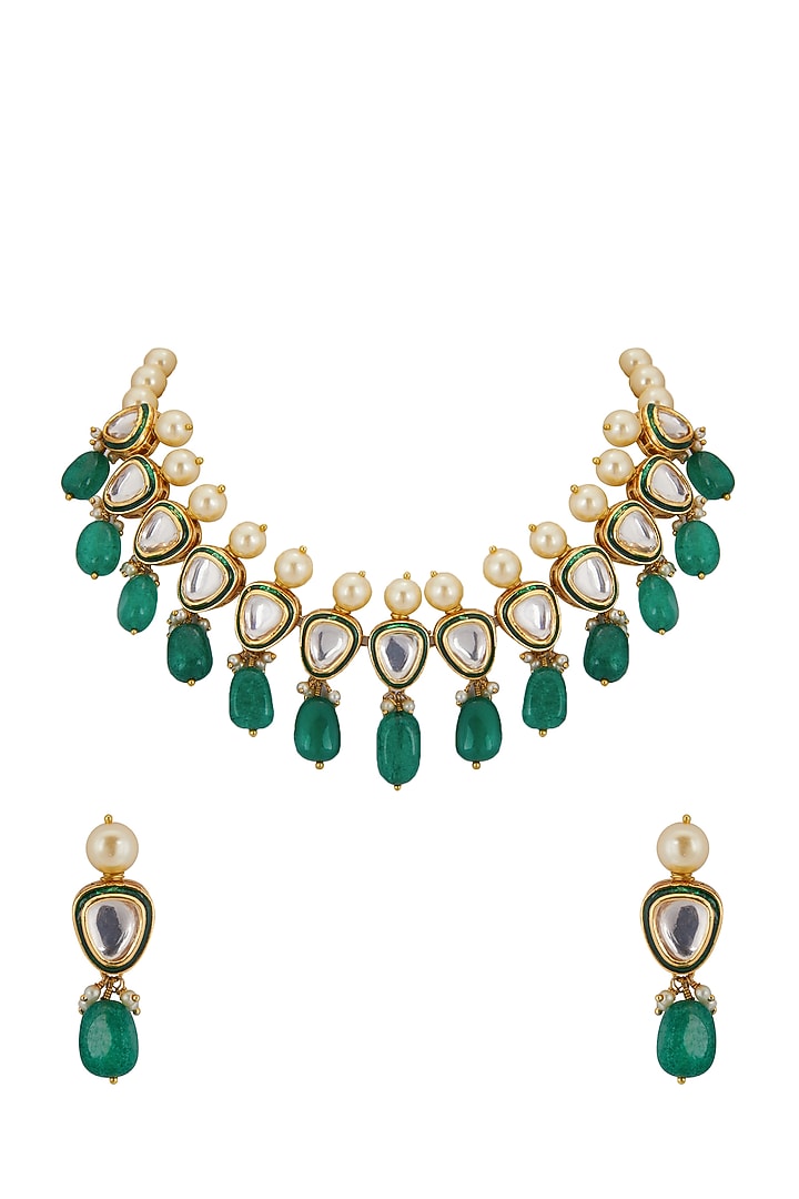Gold Finish Necklace Set With Green Drops by Aster at Pernia's Pop Up Shop