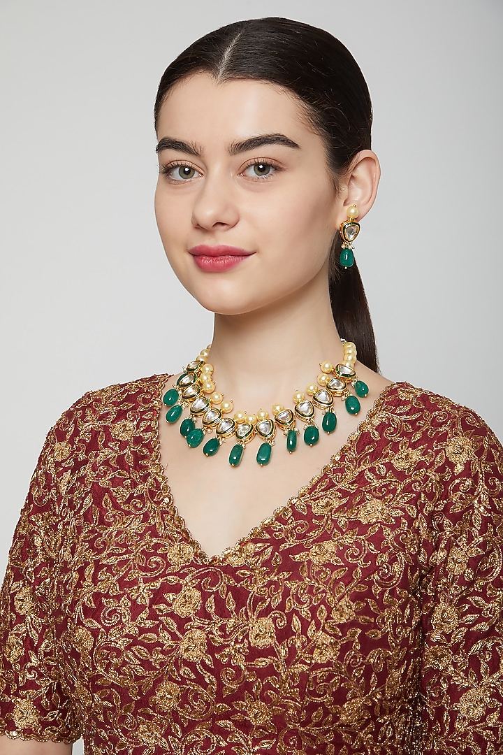 Gold Finish Necklace Set With Green Drops by Aster at Pernia's Pop Up Shop