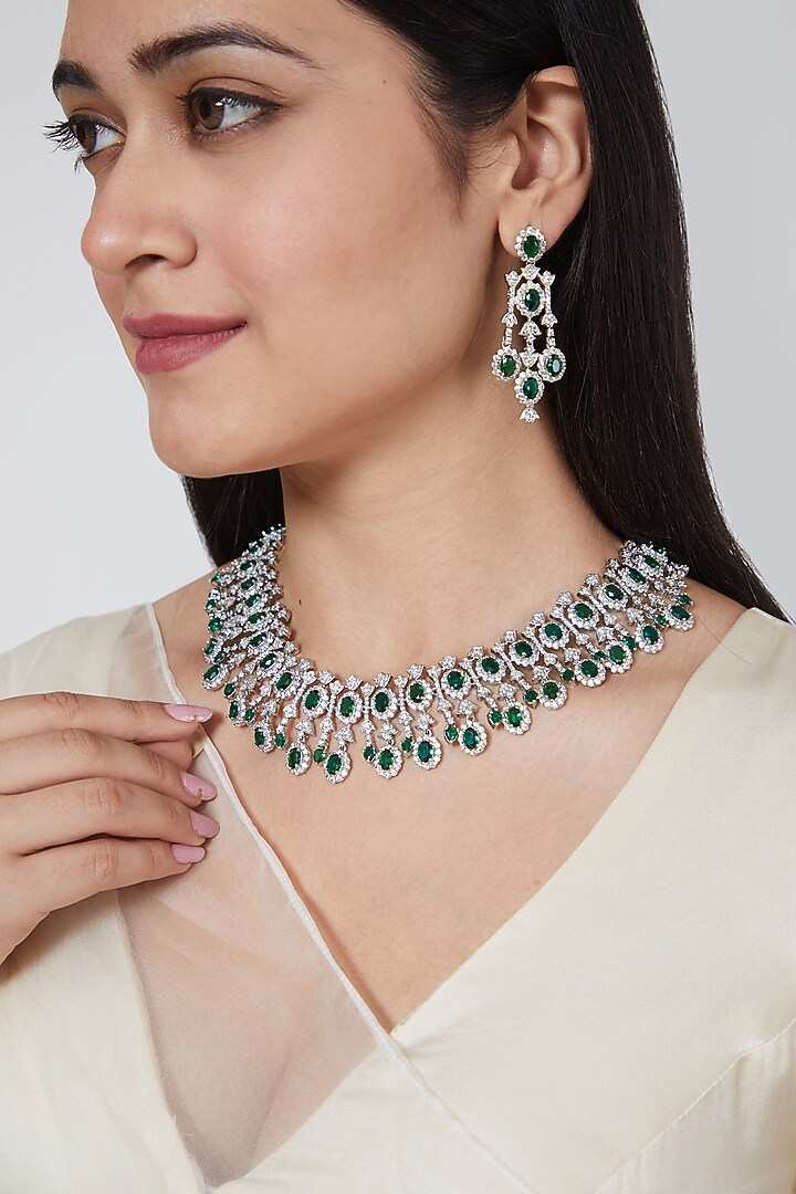 White Finish Green Faux Diamond Necklace Set by Aster at Pernia's Pop Up Shop