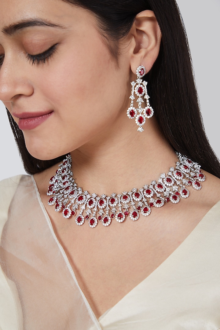 White Finish Red Faux Diamond Necklace Set by Aster