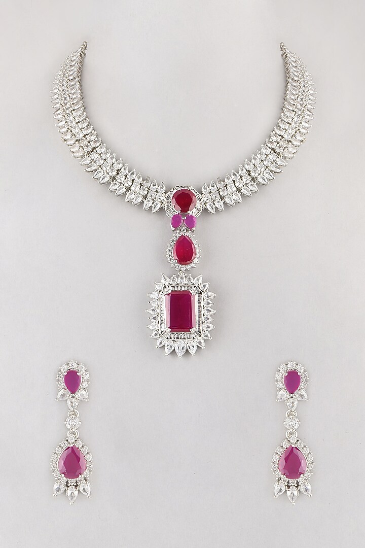 White Finish Red Stone Necklace Set by Aster at Pernia's Pop Up Shop