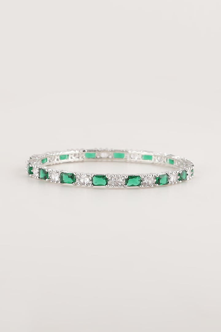 White Finish Green Stone & Faux Diamond Bangles (Set Of 2) by Aster at Pernia's Pop Up Shop