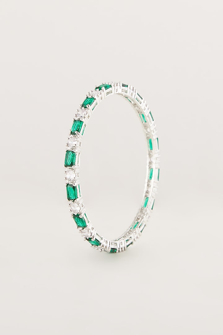White Finish Green Stone & Faux Diamond Bangles (Set Of 2) by Aster