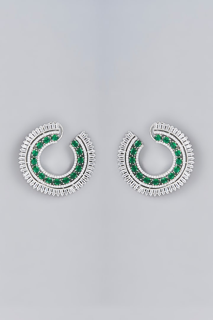 White Finish Zircon & Emerald Stone Dangler Earrings by Aster