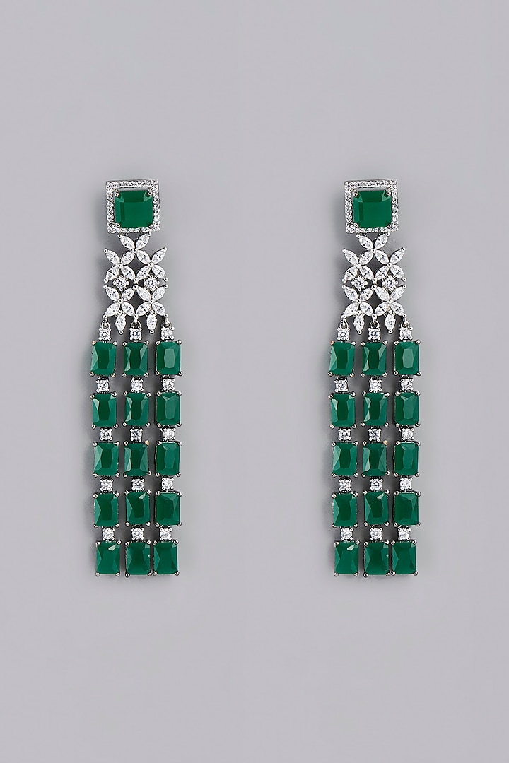 White Finish Green Stone & Zircon Dangler Earrings by Aster