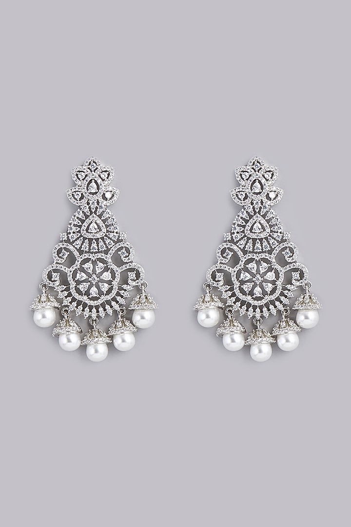 White Finish Zircon & Pearl Dangler Earrings by Aster at Pernia's Pop Up Shop