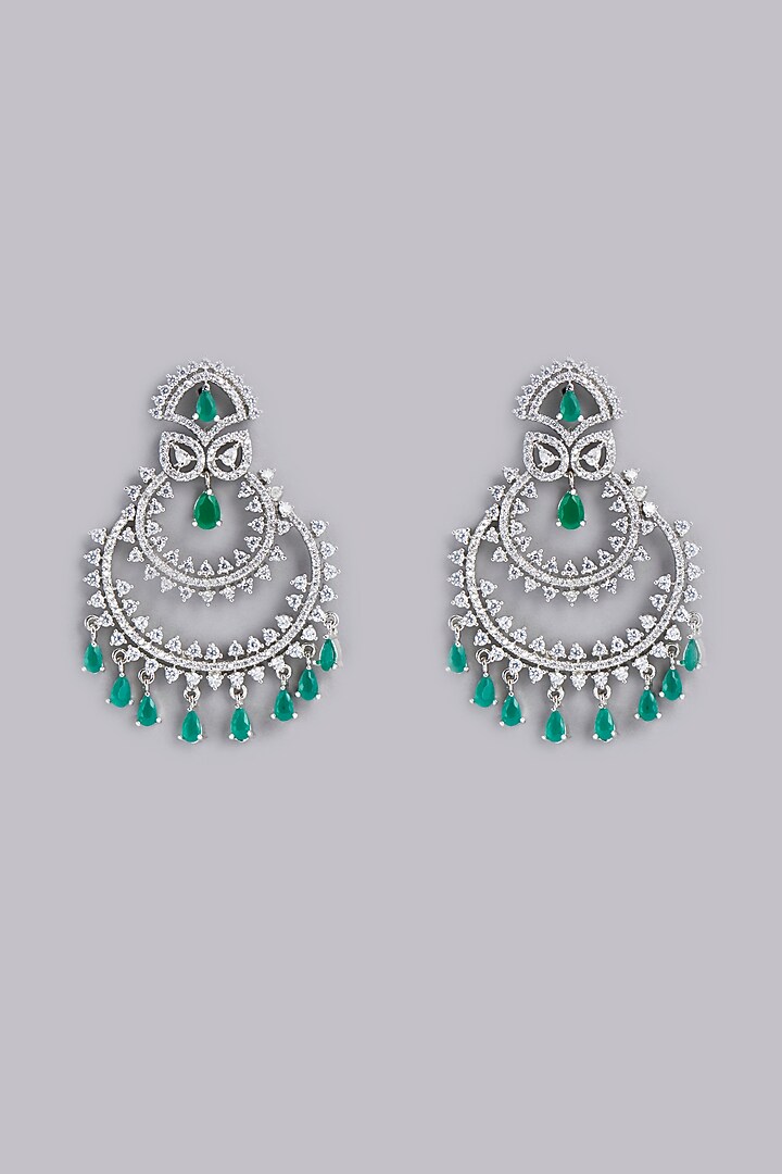 White Finish Green Stone & Zircon Dangler Earrings by Aster at Pernia's Pop Up Shop