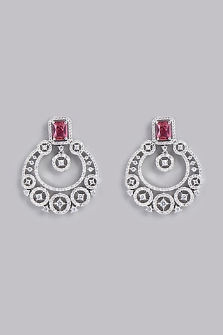 White Finish Red Stone & Zircon Dangler Earrings by Aster
