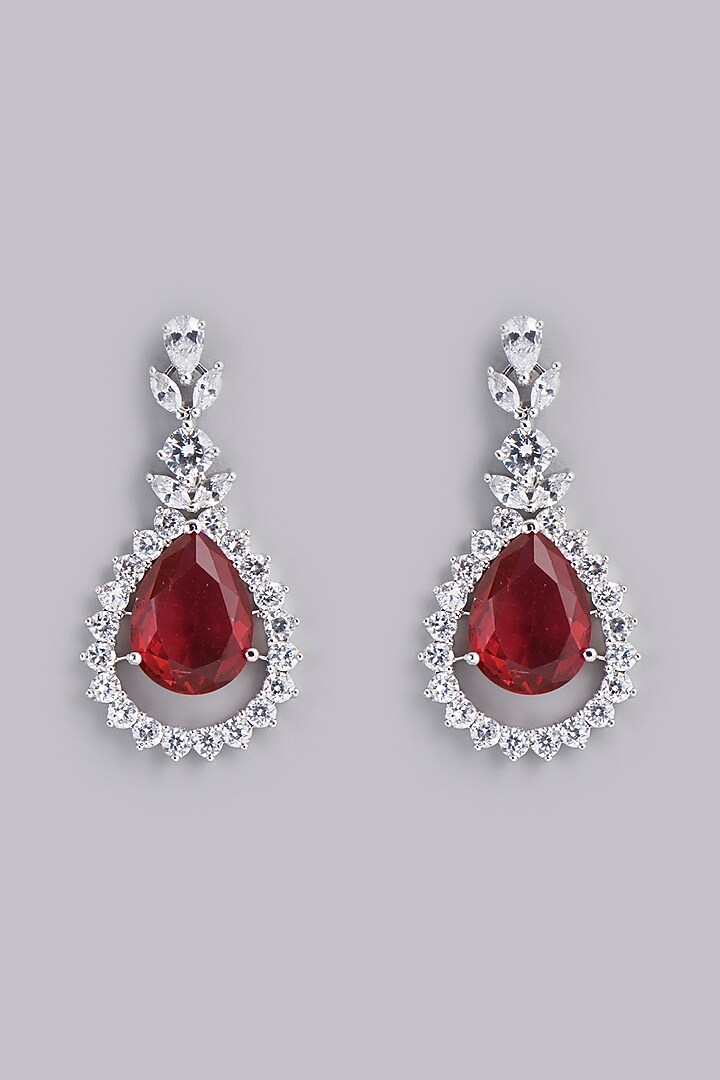 White Finish Red Stones & Faux Diamonds Earrings by Aster at Pernia's Pop Up Shop