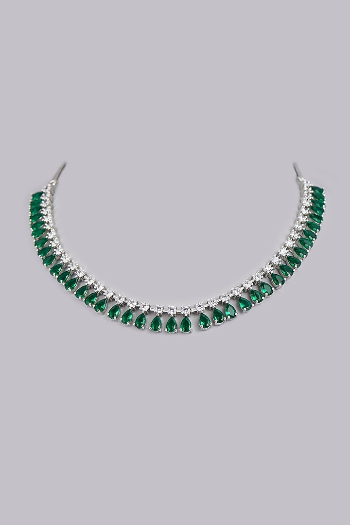 White Finish Faux Diamonds & Green Stones Necklace by Aster