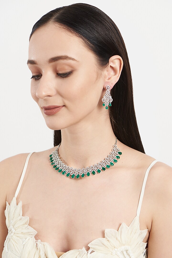 White Finish Zircon & Green Stone Choker Necklace Set by Aster at Pernia's Pop Up Shop