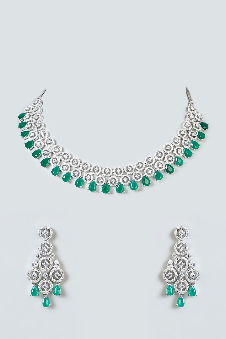 White Finish Zircon & Green Stone Choker Necklace Set by Aster at Pernia's Pop Up Shop
