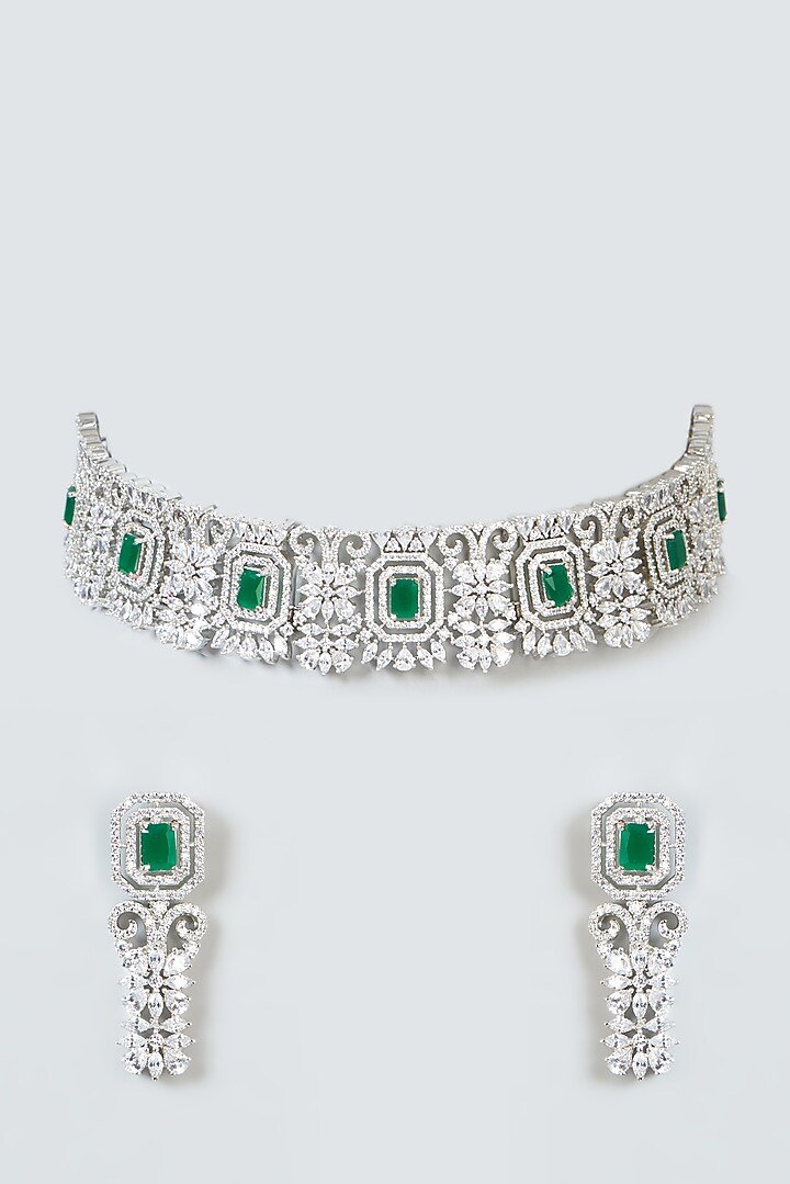 White Finish Zircon & Green Stone Choker Necklace Set by Aster at Pernia's Pop Up Shop