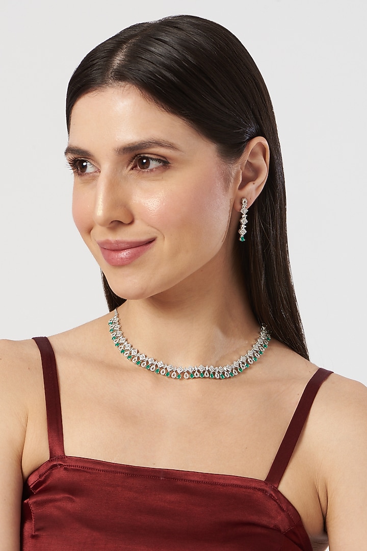 White Finish Emerald & Zircon Necklace Set by Aster at Pernia's Pop Up Shop