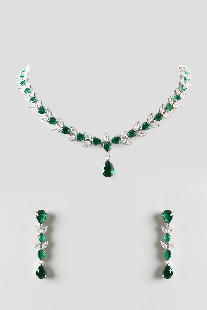 White Finish Emerald & Zircon Necklace Set by Aster at Pernia's Pop Up Shop