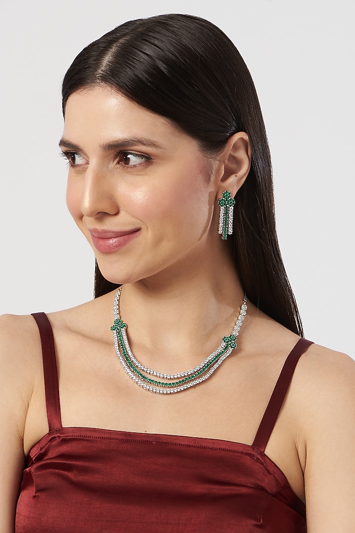 White Finish Emerald & Zircon Layered Necklace Set by Aster at Pernia's Pop Up Shop