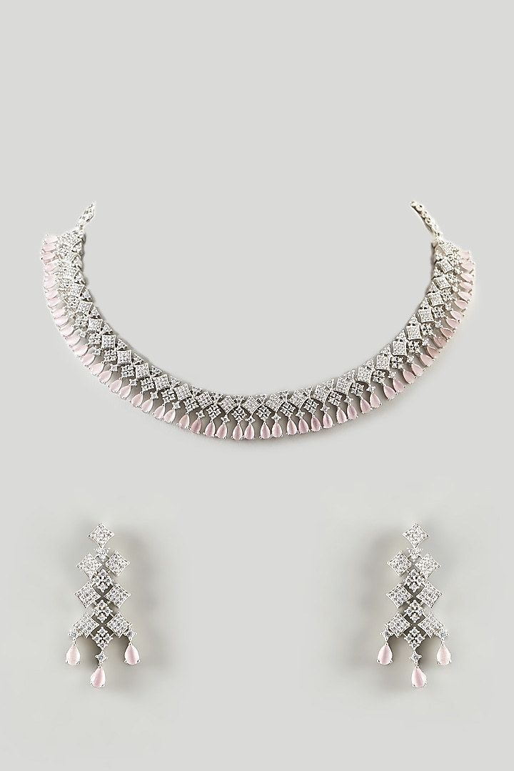 White Finish Pink Stone & Zircon Choker Necklace Set by Aster at Pernia's Pop Up Shop
