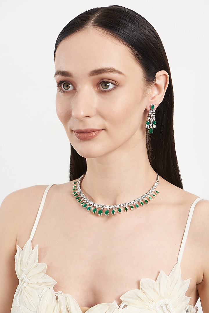White Finish Emerald & Zircon Necklace Set by Aster at Pernia's Pop Up Shop