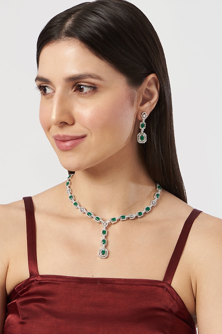 White Finish Emerald & Zircon Necklace Set by Aster at Pernia's Pop Up Shop