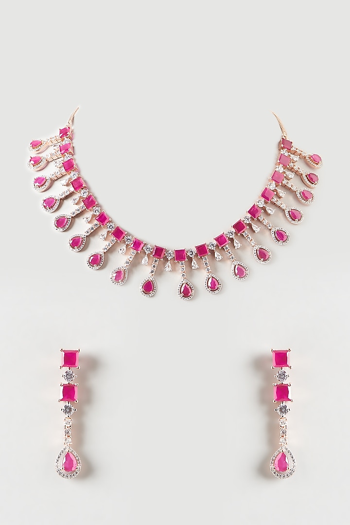 Rose Gold Finish Zircon & Ruby Necklace Set by Aster at Pernia's Pop Up Shop
