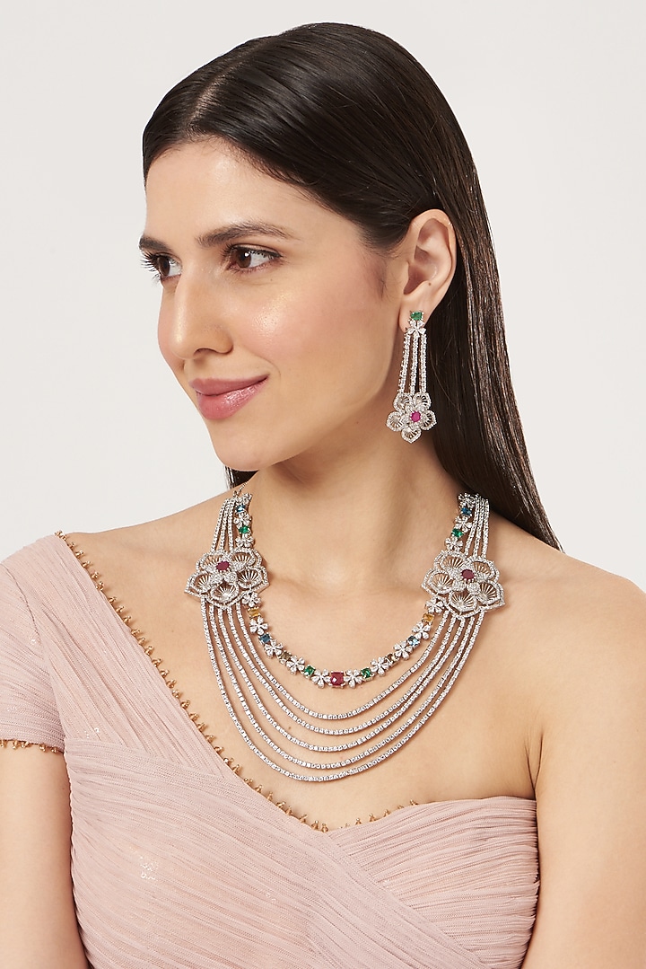 White Finish Multi-Colored Stone Long Necklace Set by Aster at Pernia's Pop Up Shop