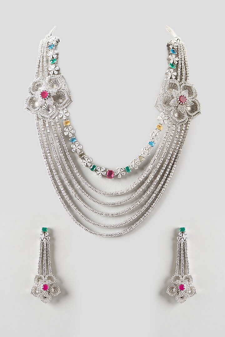 White Finish Multi-Colored Stone Long Necklace Set by Aster at Pernia's Pop Up Shop