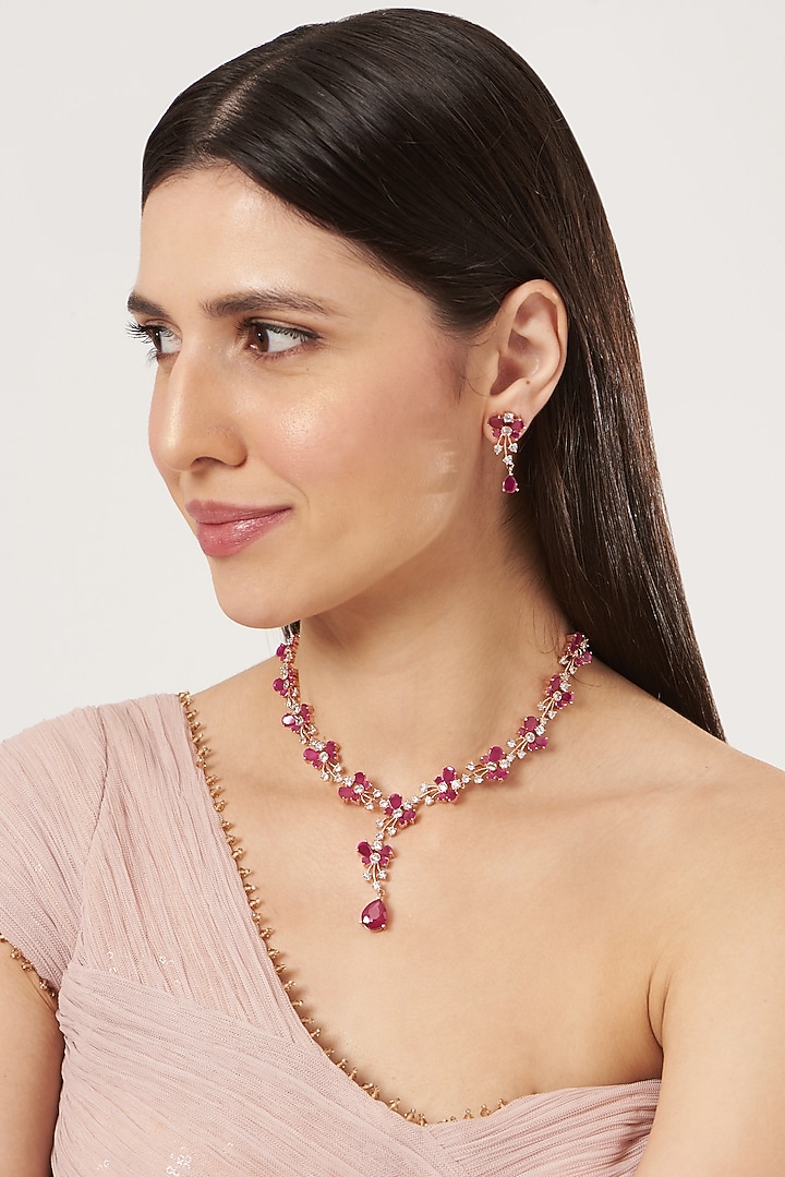 Rose Gold Finish Zircon & Ruby Necklace Set by Aster at Pernia's Pop Up Shop