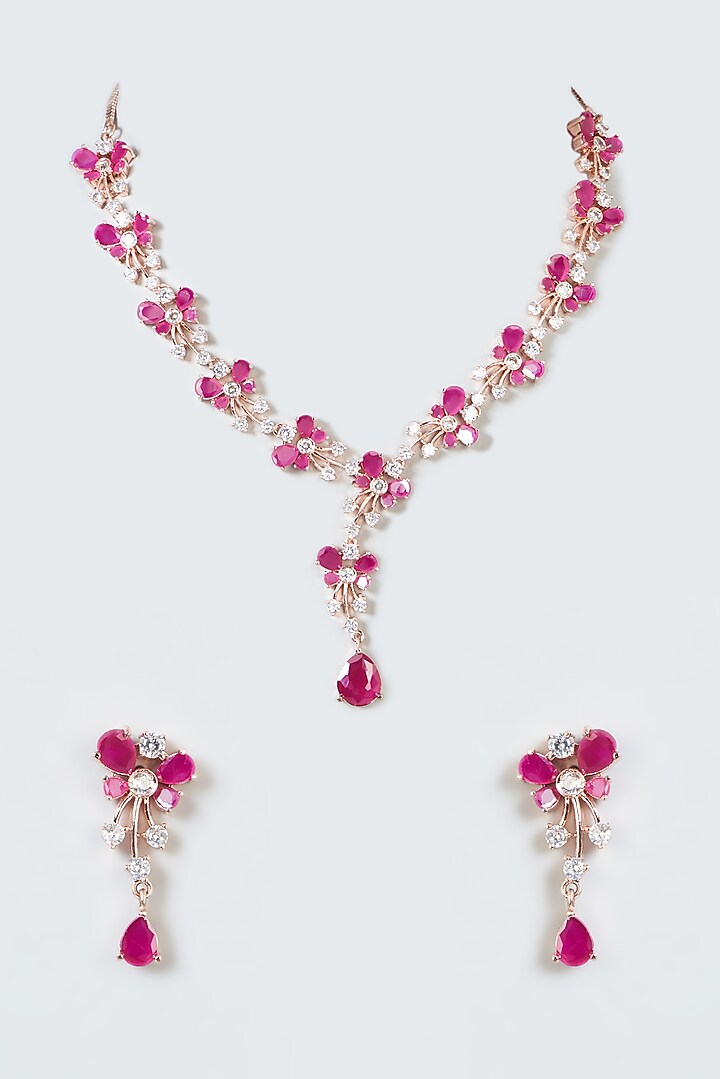 Rose Gold Finish Zircon & Ruby Necklace Set by Aster at Pernia's Pop Up Shop