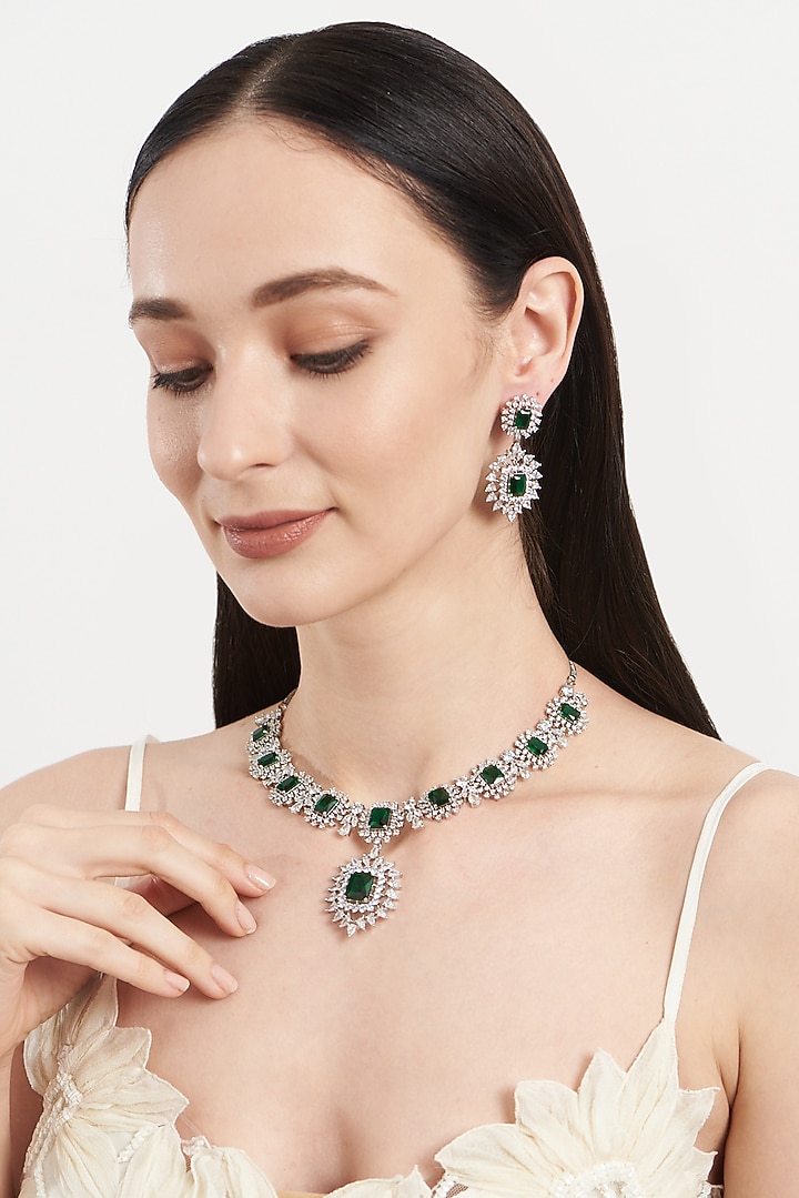 White Finish Emerald & Zircon Necklace Set by Aster at Pernia's Pop Up Shop