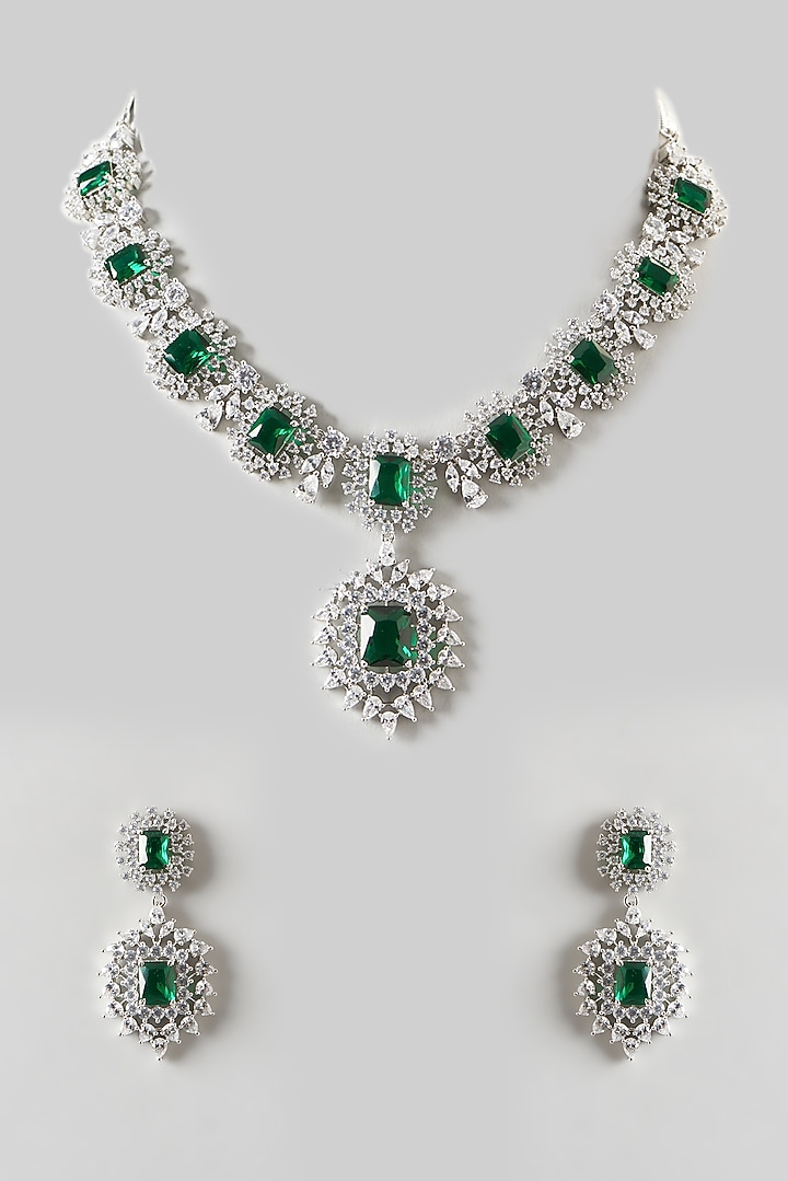 White Finish Emerald & Zircon Necklace Set by Aster at Pernia's Pop Up Shop