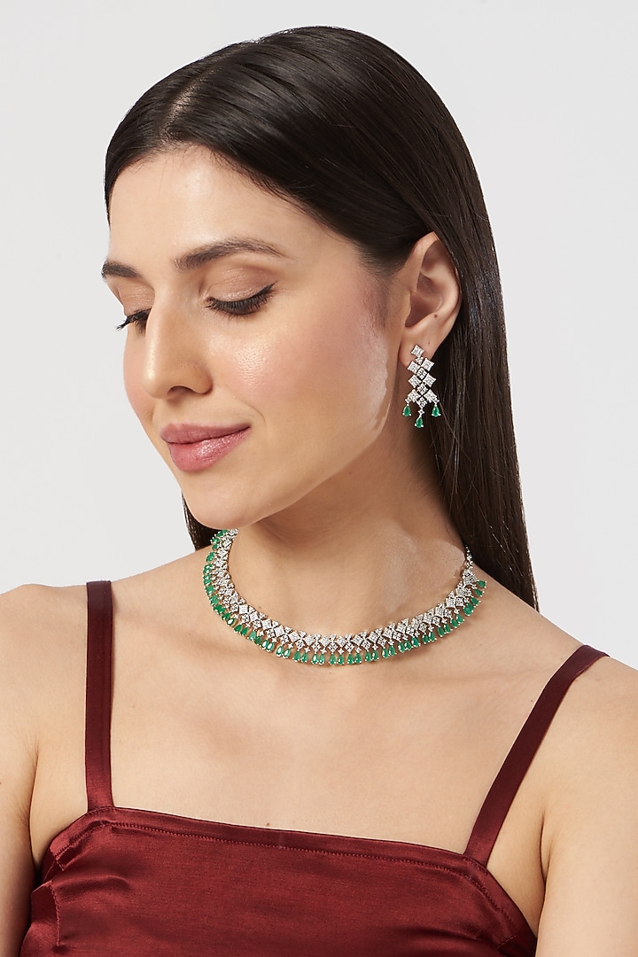 White Finish Emerald & Zircon Choker Necklace Set by Aster at Pernia's Pop Up Shop