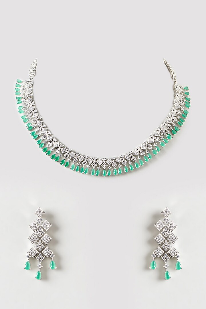 White Finish Emerald & Zircon Choker Necklace Set by Aster at Pernia's Pop Up Shop