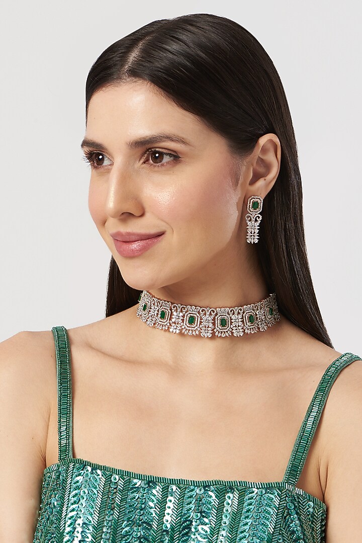 Rose Gold Finish Emerald & Zircon Choker Necklace Set by Aster at Pernia's Pop Up Shop