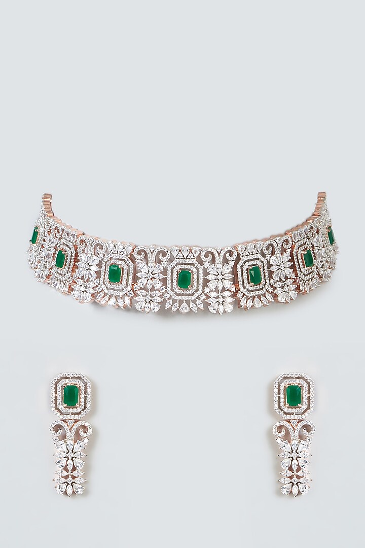 Rose Gold Finish Emerald & Zircon Choker Necklace Set by Aster at Pernia's Pop Up Shop