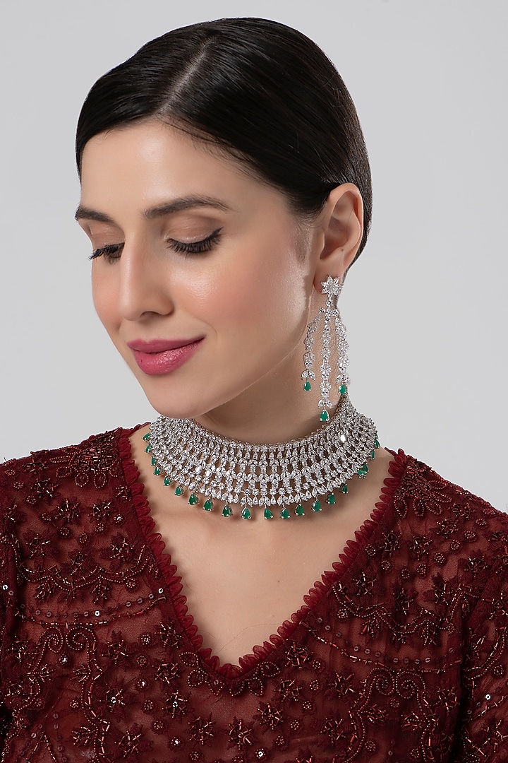 White Finish Emerald & Zircon Choker Necklace Set by Aster at Pernia's Pop Up Shop