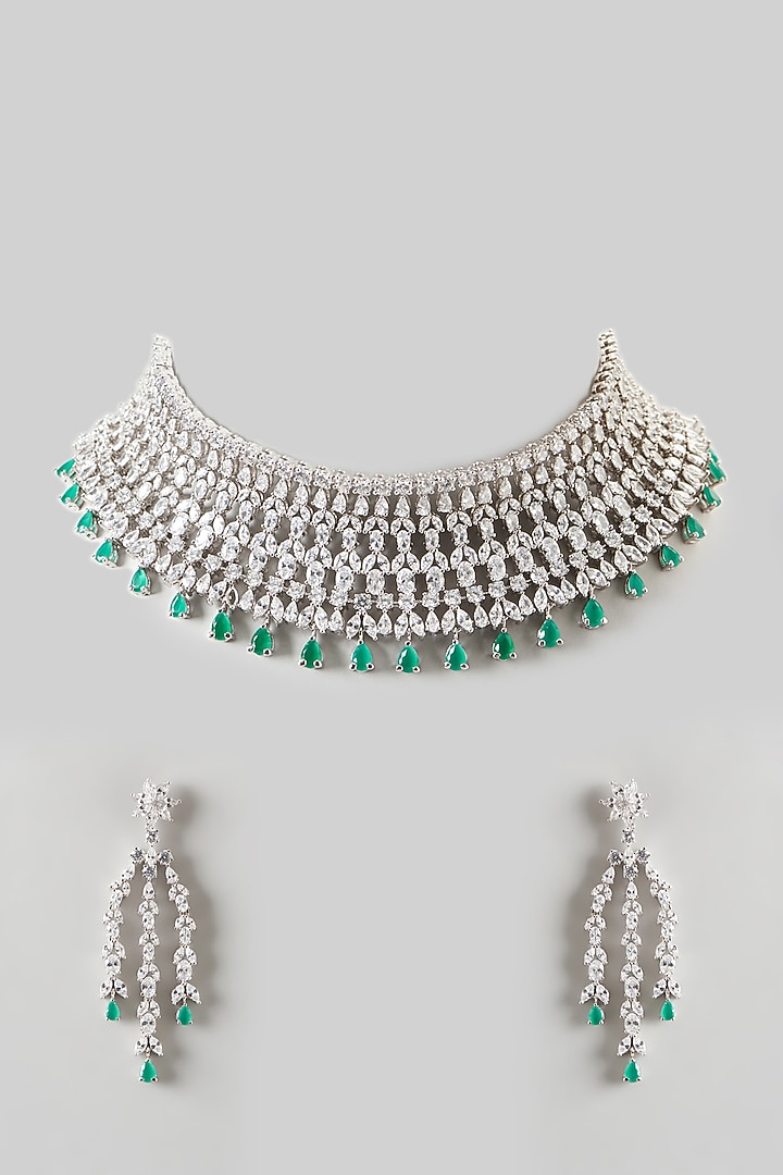 White Finish Emerald & Zircon Choker Necklace Set by Aster at Pernia's Pop Up Shop