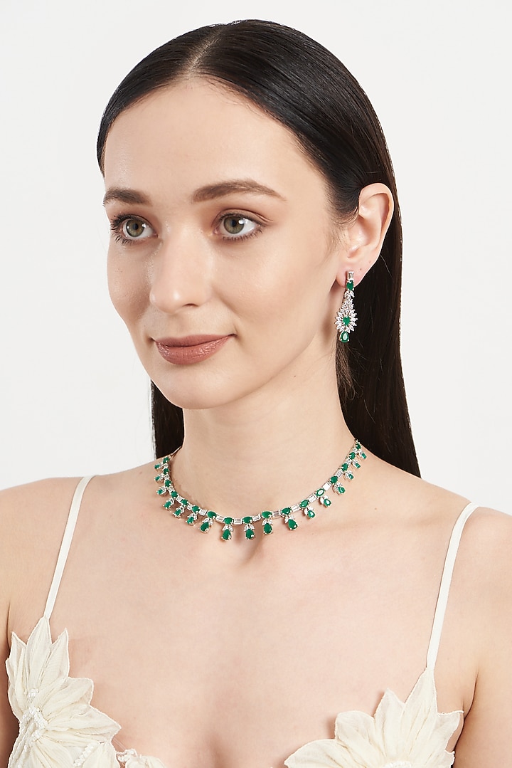 White Finish Emerald & Zircon Necklace Set by Aster at Pernia's Pop Up Shop