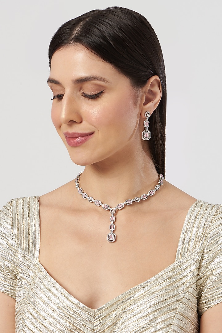 White Finish Zircon & Pink Stone Necklace Set by Aster at Pernia's Pop Up Shop