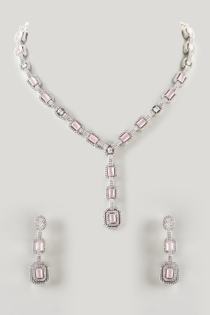 White Finish Zircon & Pink Stone Necklace Set by Aster at Pernia's Pop Up Shop