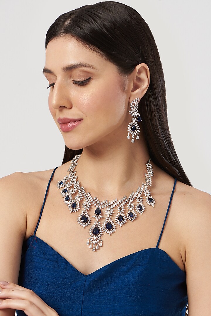 White Finish Sapphire & Zircon Necklace Set by Aster at Pernia's Pop Up Shop