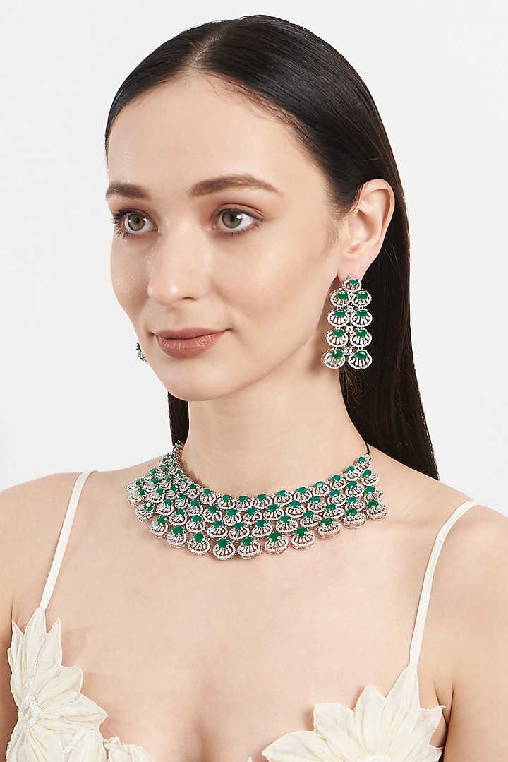 White Finish Emerald & Zircon Choker Necklace Set by Aster at Pernia's Pop Up Shop