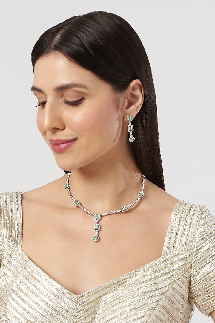 White Finish Aqua Diamond Necklace Set by Aster at Pernia's Pop Up Shop